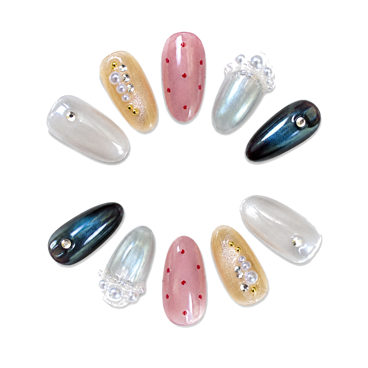 H-009-Y Handmade Floral Duckbill Press-On Nails - White background hand close-up view - UB2 BEAUTY