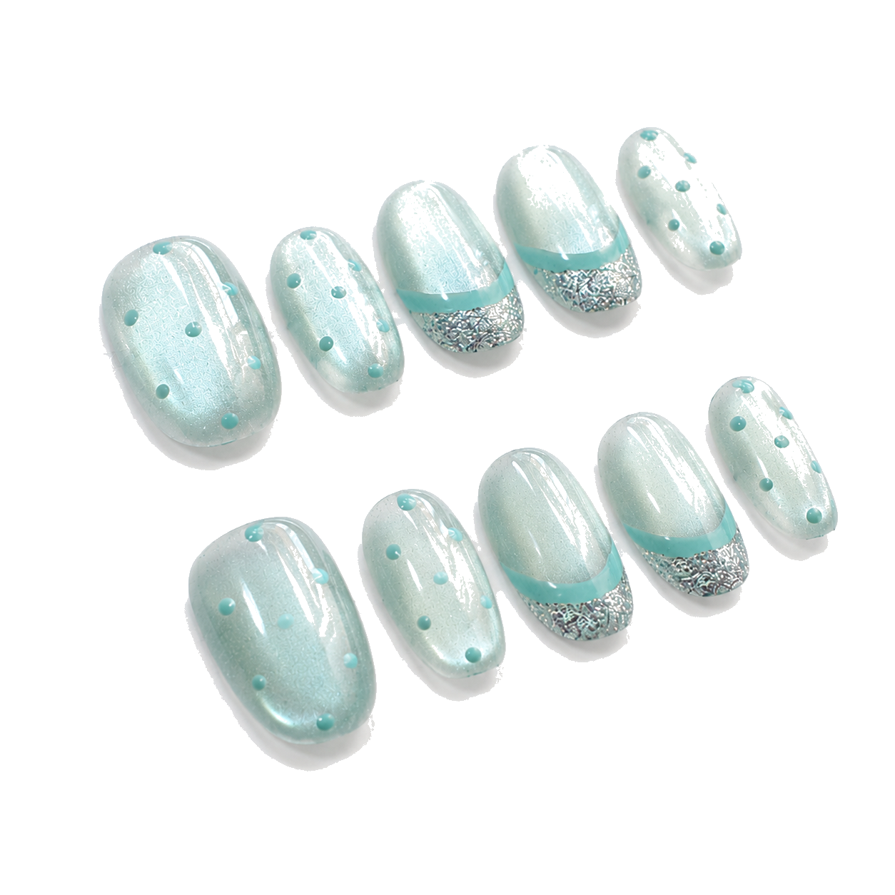 H-011-E Handmade Floral Medium Almond Press-On Nails - White background 45-degree side view - UB2 BEAUTY