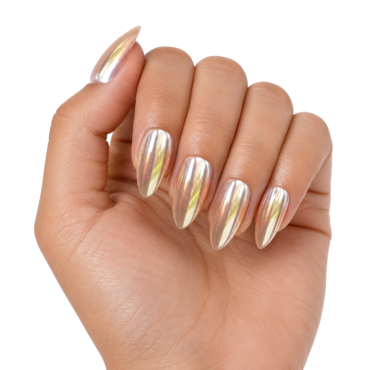 J-002-E Handmade Mirror Medium Almond Press-On Nails - White background front view - UB2 BEAUTY