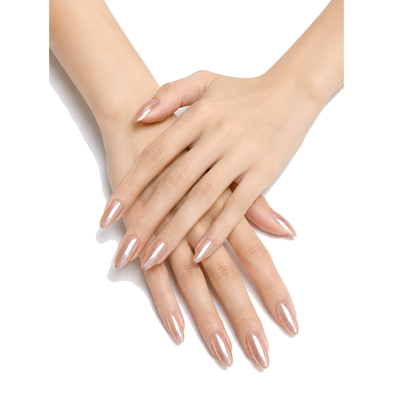 J-002-E Handmade Mirror Medium Almond Press-On Nails - White background two-hand styling view - UB2 BEAUTY