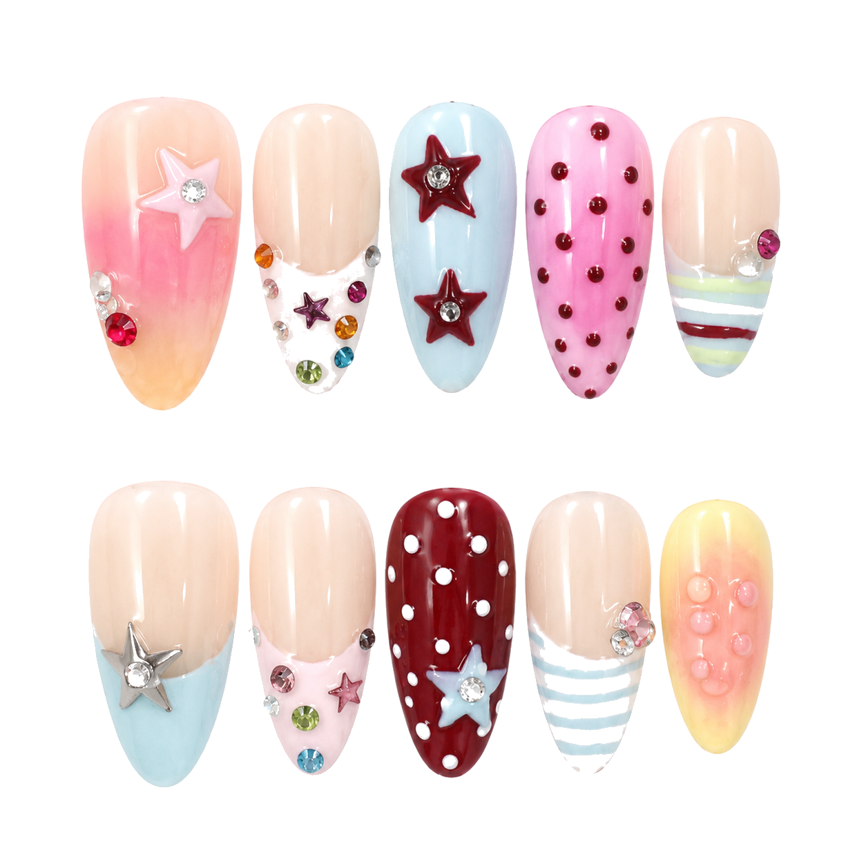 M-001-E Handmade Cat Eye Medium Almond Press-On Nails - White background hand close-up view - UB2 BEAUTY