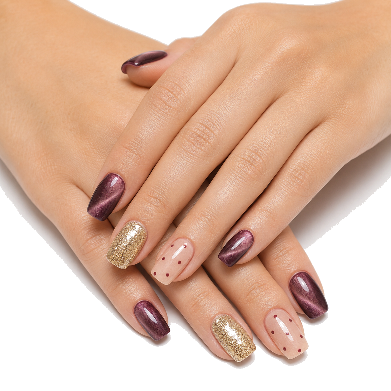 M-004-A Handmade Cat Eye Short Square Press-On Nails - White background circular layout view - UB2 BEAUTY