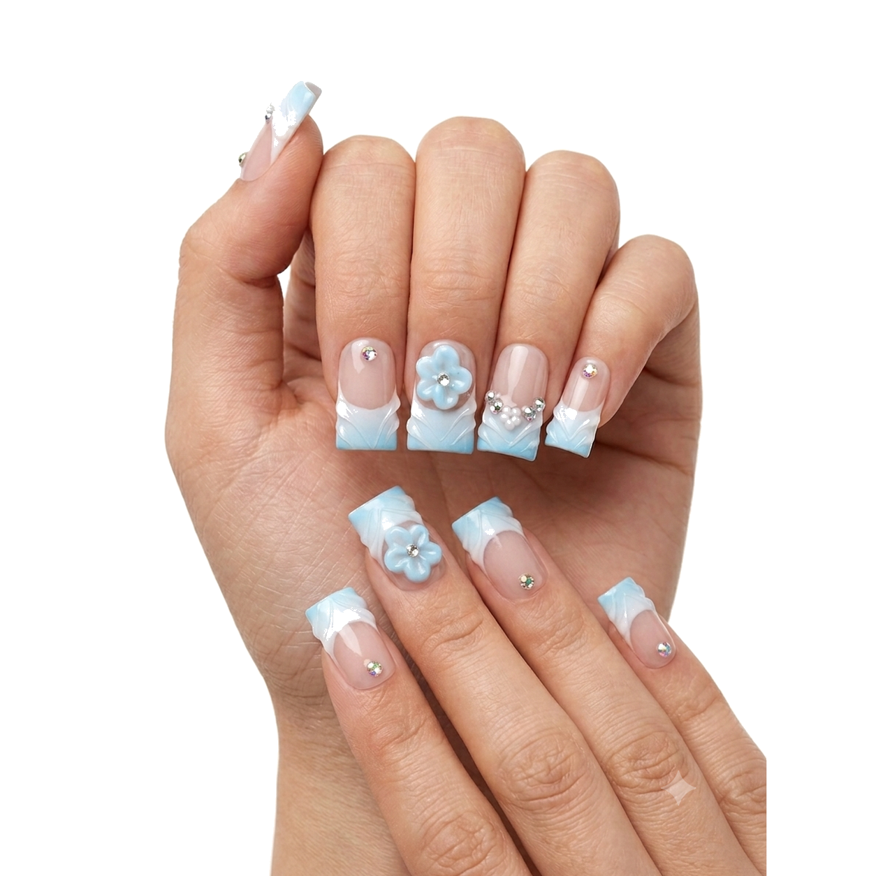 M-006-E Handmade Cat Eye Medium Almond Press-On Nails - White background two-hand styling view - UB2 BEAUTY