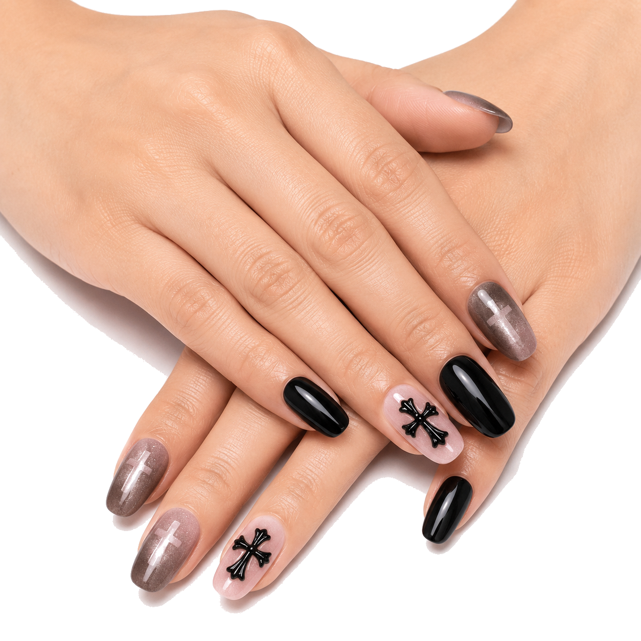 M-007-B Handmade Cat Eye Short Squoval Press-On Nails - White background two-hand styling view - UB2 BEAUTY