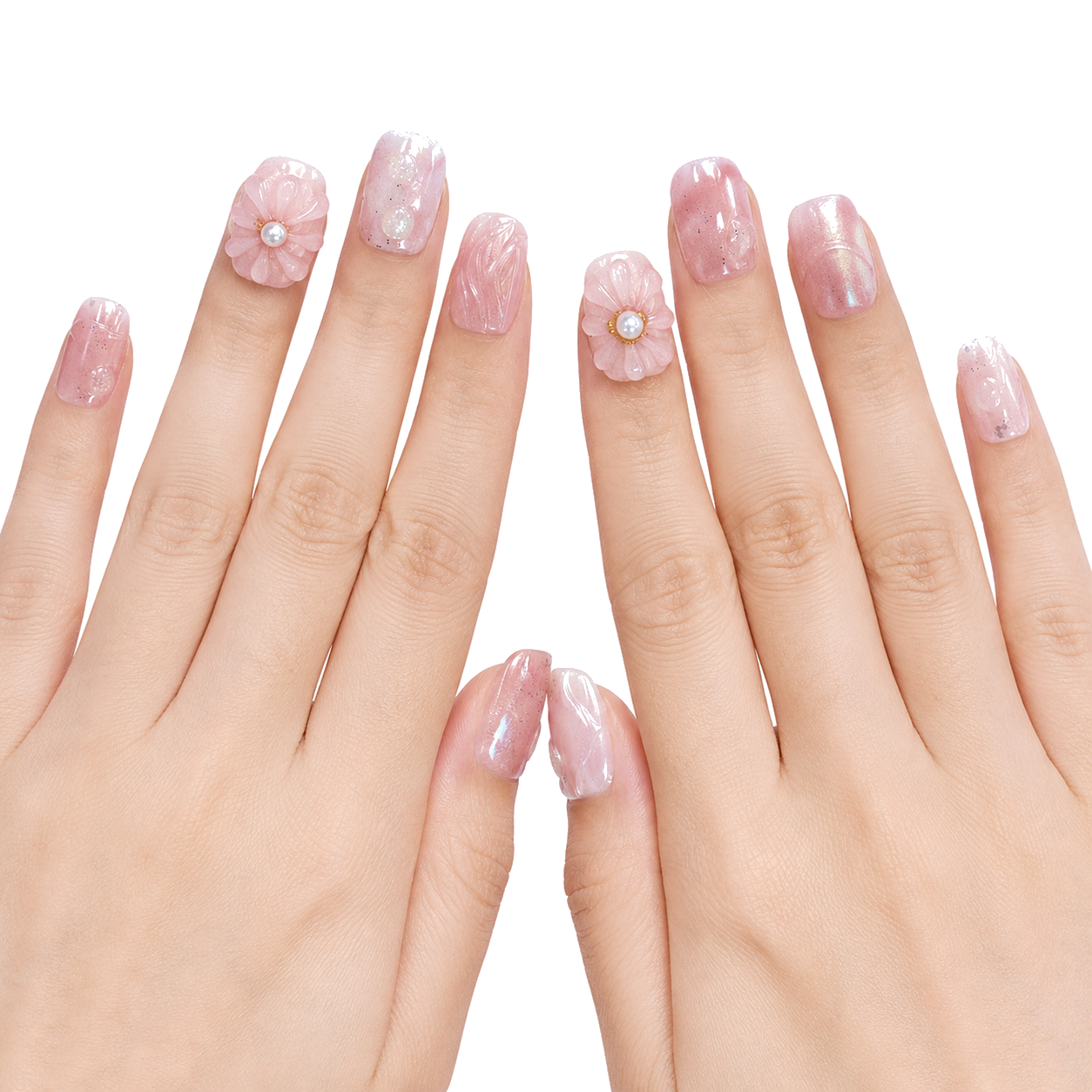 M-009-B Handmade Cat Eye Short Squoval Press-On Nails - White background two-hand styling view - UB2 BEAUTY