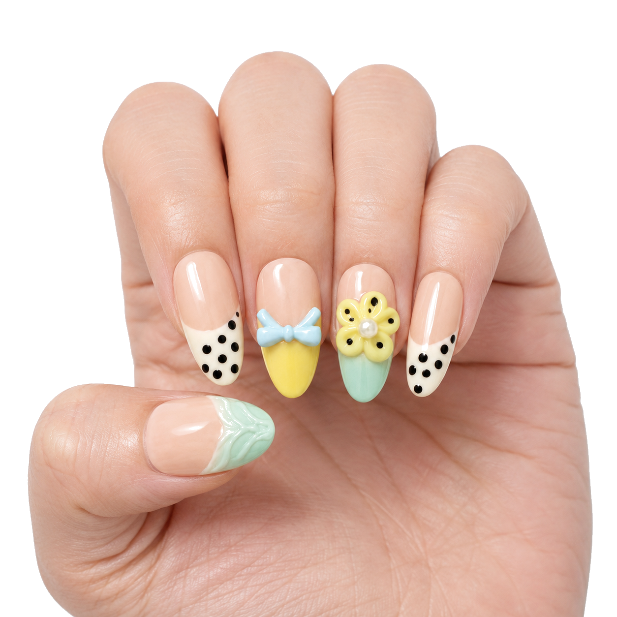 M-010-C Handmade Cat Eye Short Almond Press-On Nails - White background two-hand styling view - UB2 BEAUTY