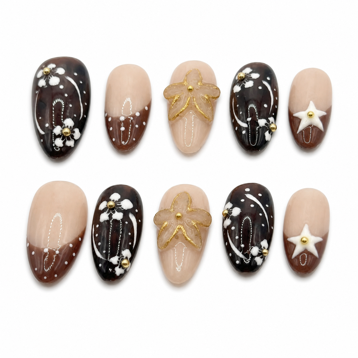 O-001-E Handmade Western Style Medium Almond Press-On Nails - White background 45-degree side view - UB2 BEAUTY