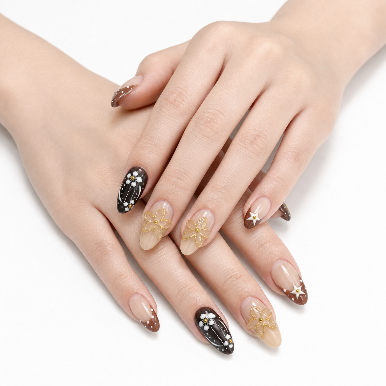 O-001-E Handmade Western Style Medium Almond Press-On Nails - White background circular layout view - UB2 BEAUTY