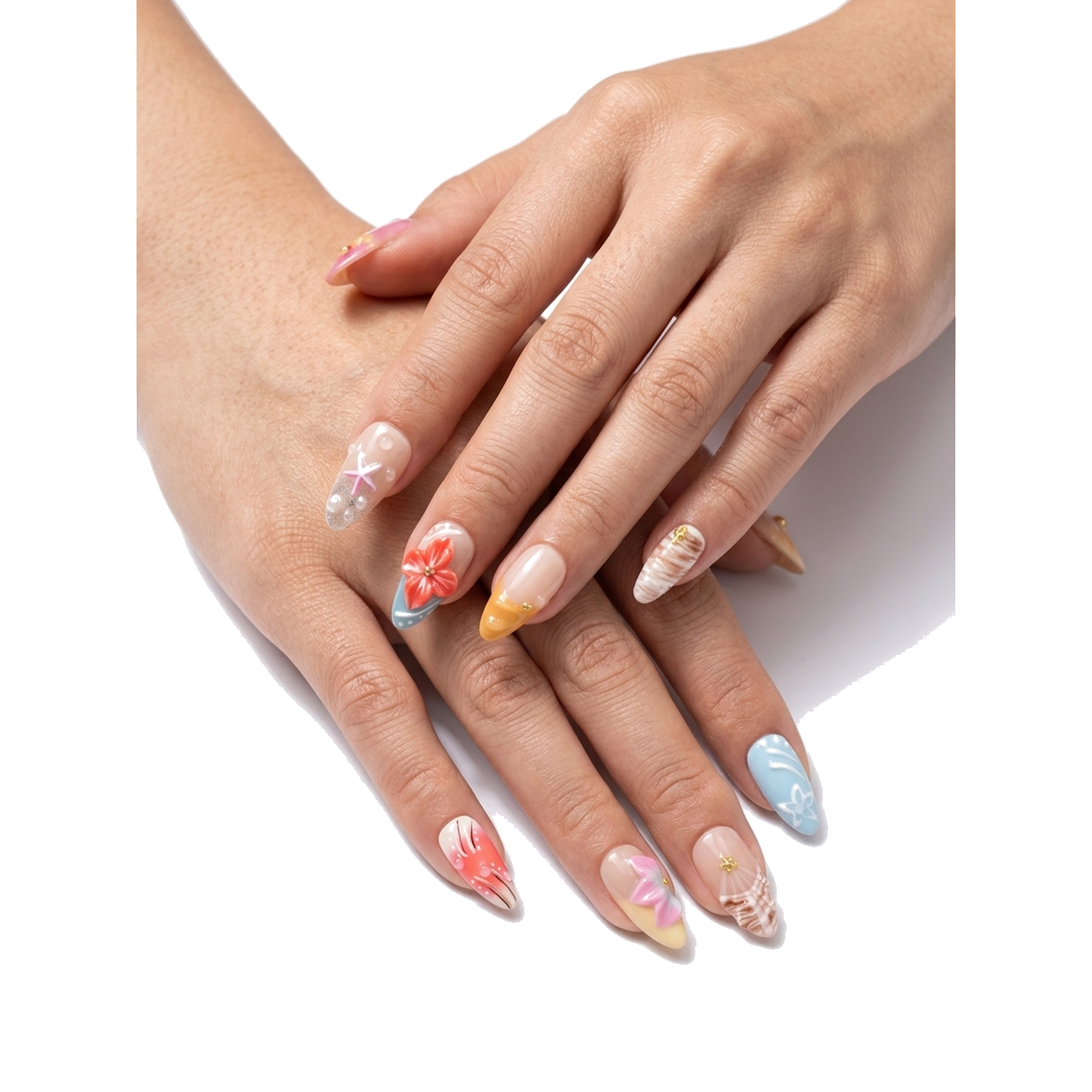 O-003-E Handmade Western Style Medium Almond Press-On Nails - White background front view - UB2 BEAUTY