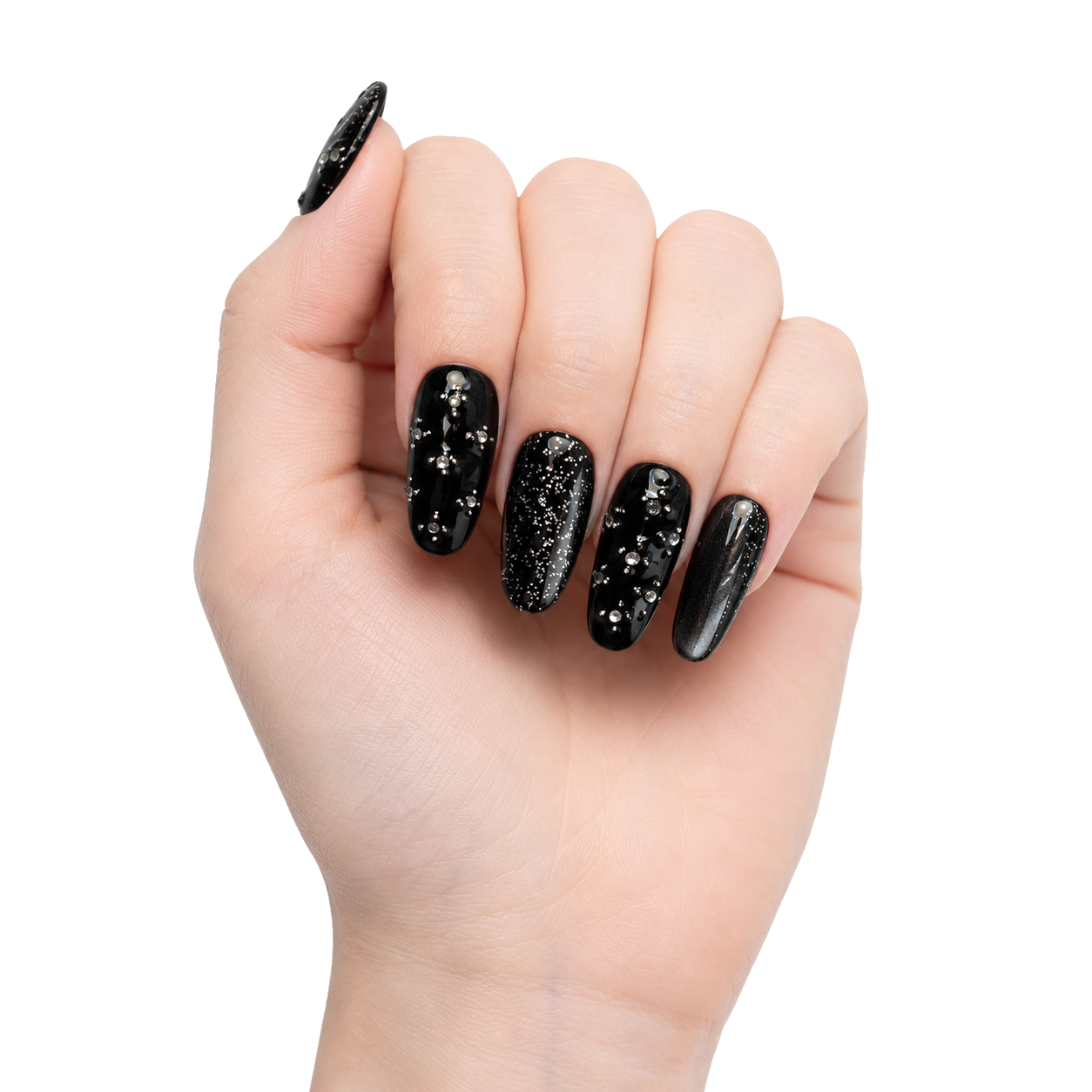 S-001-B Handmade Glitter Short Squoval Press-On Nails - White background two-hand styling view - UB2 BEAUTY