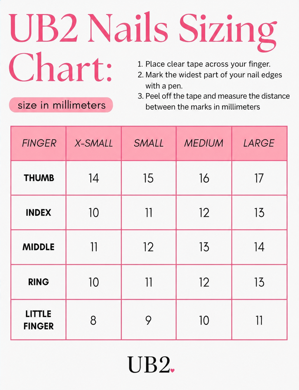 UB2 BEAUTY press-on nail size chart in millimeters