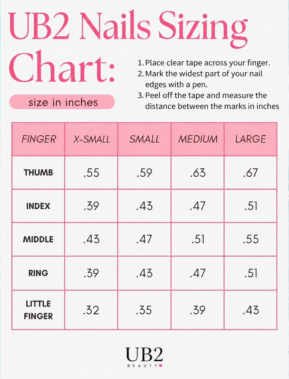 UB2 BEAUTY press-on nail size chart in inches