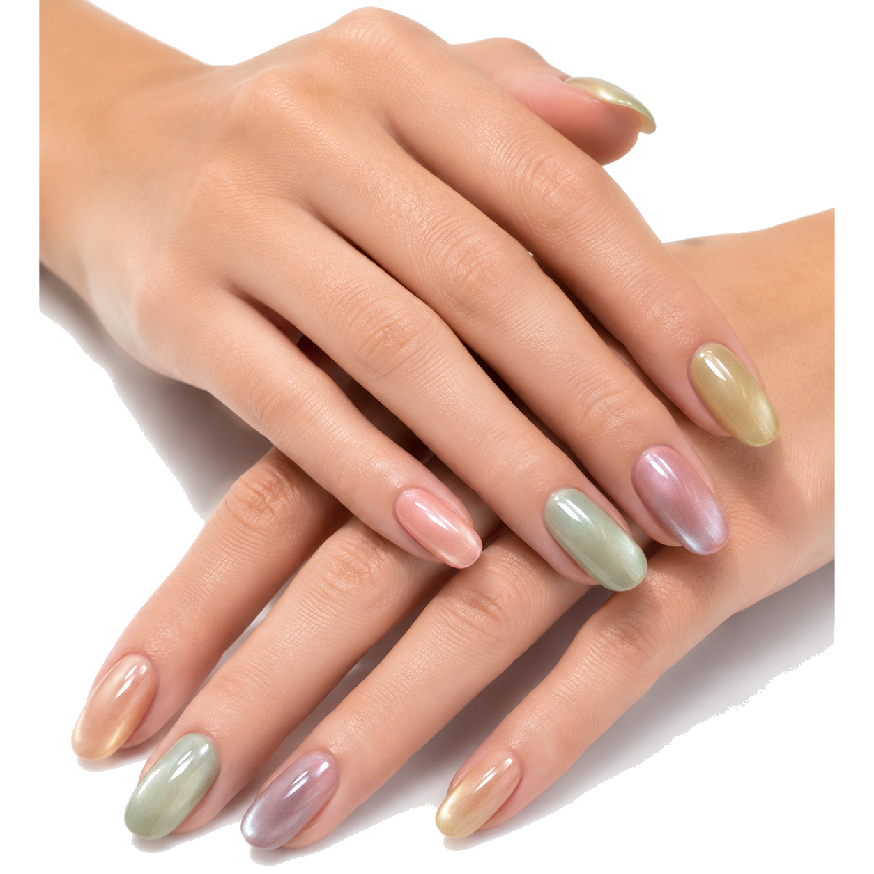 T-001-E Handmade Multi-Color Medium Almond Press-On Nails - White background two-hand styling view - UB2 BEAUTY