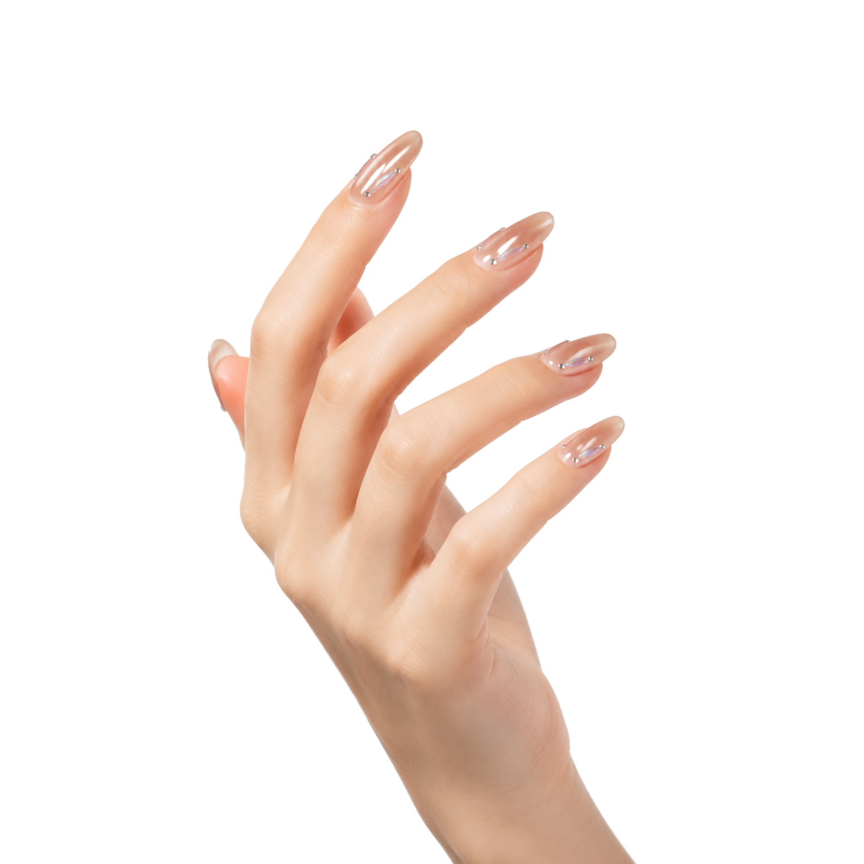 T-002-E Handmade Multi-Color Medium Almond Press-On Nails - White background two-hand styling view - UB2 BEAUTY