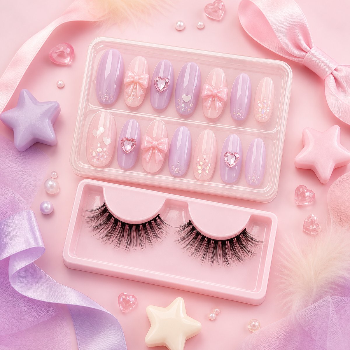 Cute press-on nails and false eyelashes beauty kit, circle-safe composition